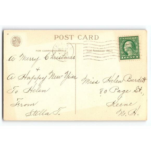 Vintage 1914 Christmas Postcard Winter Scene with Poinsettias by Wolf & Co. - Picture 2 of 2